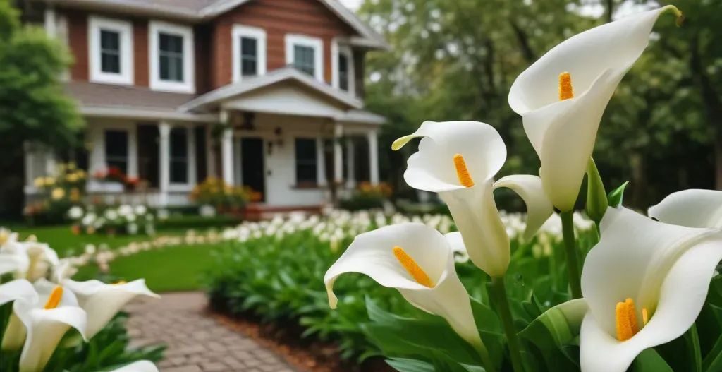 calla lillies around pathway in house garden - types of lillies plant