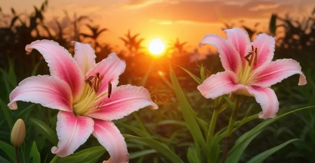 oriental lilly flowers with sunset background - types of lillies plant 
