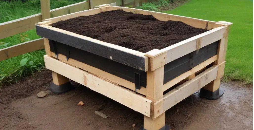 wooden compost bin containing compost - compost bin
