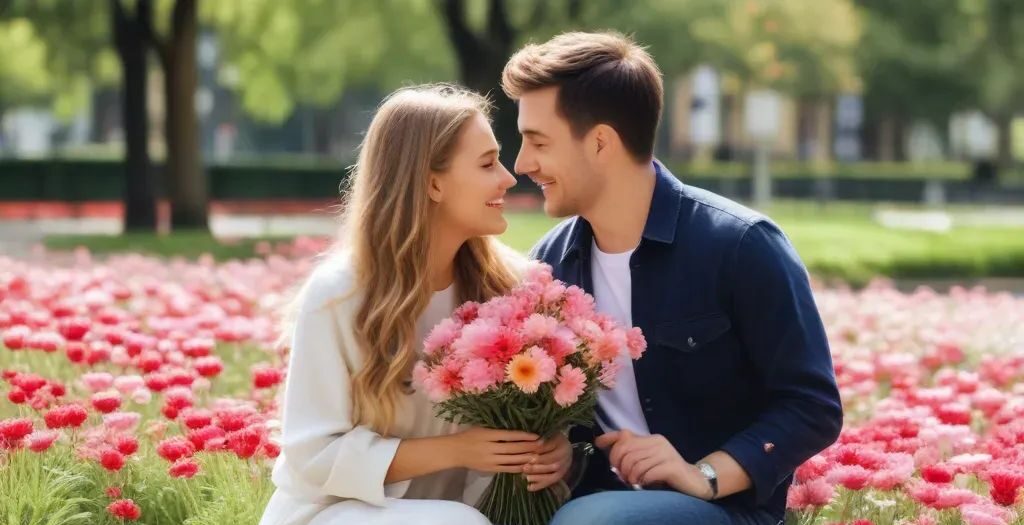 a couple holding a bouquet - flowers on first date