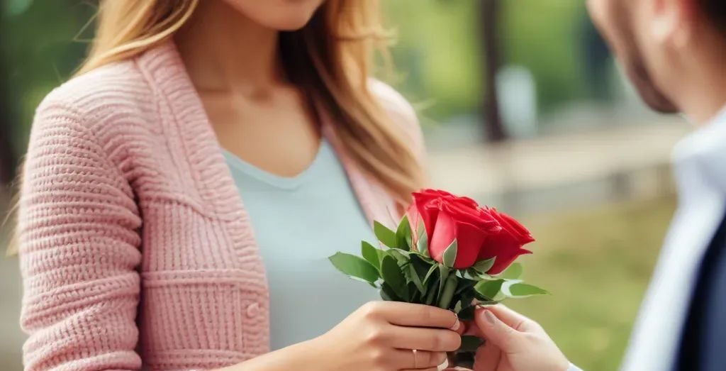 a guy giving a girl roses - flowers on first date