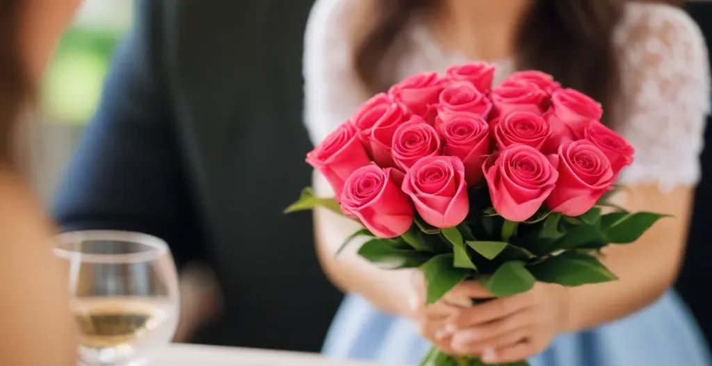 a girl holding a pink rose bouquet - flowers on first date