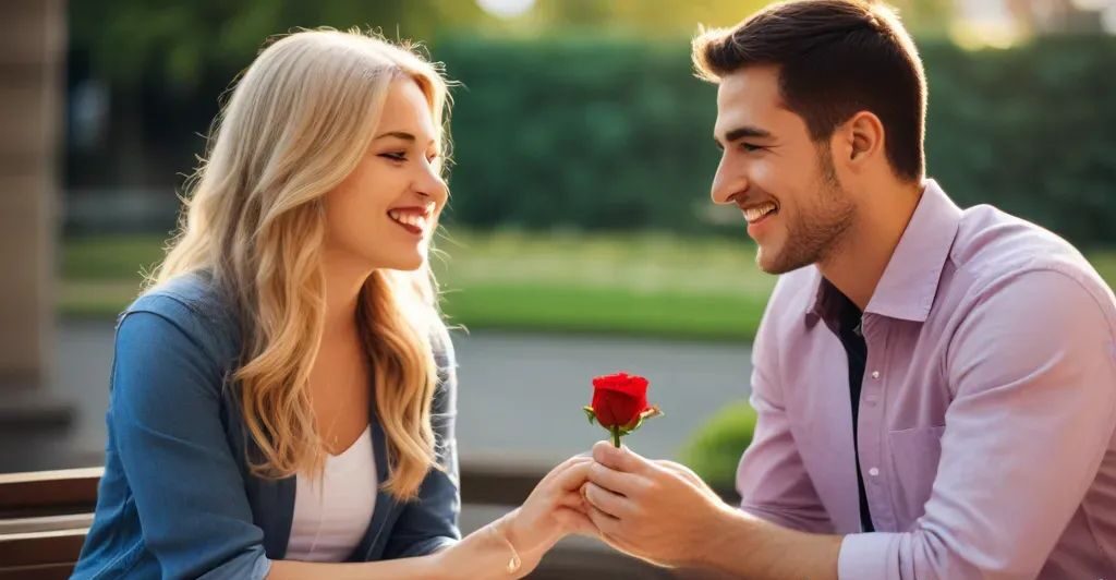 a couple holding a red rose - flowers on first date